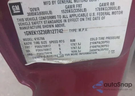 2006 Chevrolet Tahoe K1500 from USA, damaged, VIN 1GNEK13Z36R127742